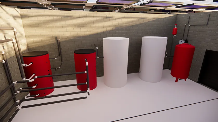 A room with solar water heating tanks and a complex network of pipes.