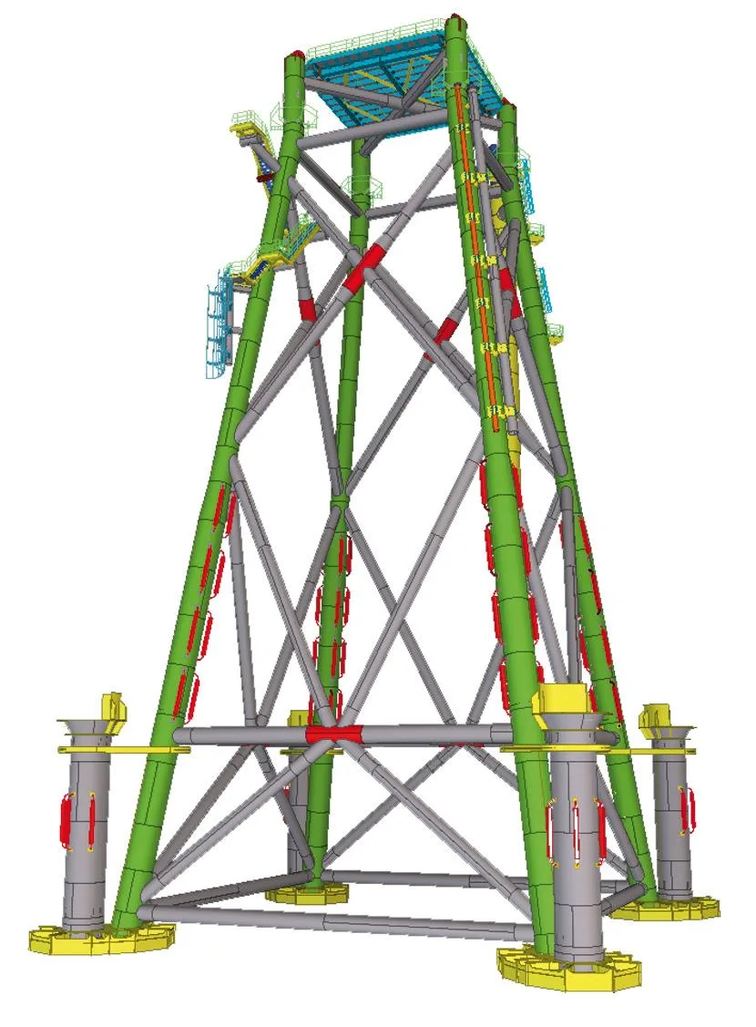 Tekla 3D model of an offshore oil platform jacket structure, featuring support columns, diagonal braces and base supports.
