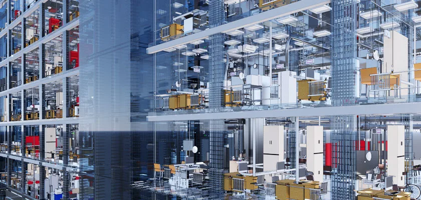 BIM view of a building including detailed frame and MEP structures