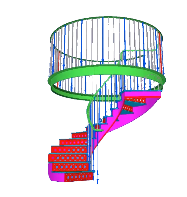 3D model of a spiral staircase with bright pink steps and a green handrail.