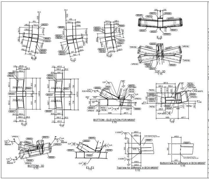 Blueprint showing various detailed technical drawings and schematics of a mechanical component.