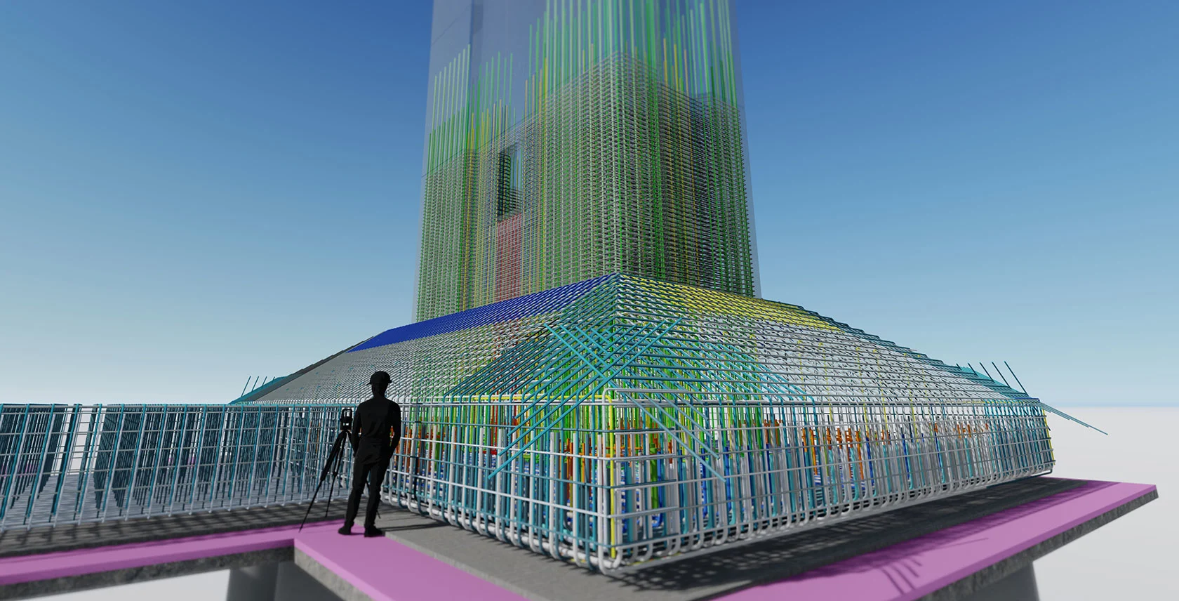 Architectural rendering of a modern skyscraper with a textured facade, viewed from ground level with a person silhouetted against the structure.