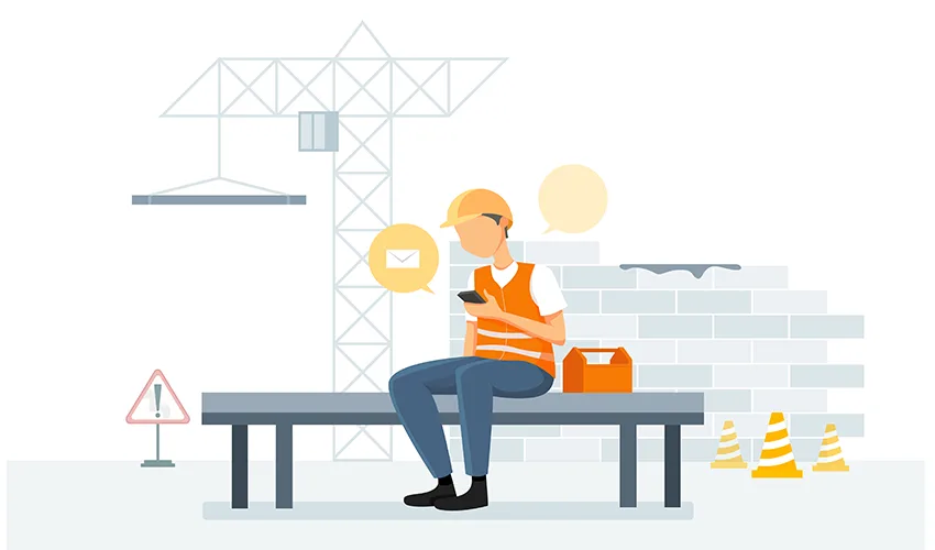 A construction worker in a hard hat and safety vest sits on a bench, looking at his phone with a speech bubble above him containing an email icon.