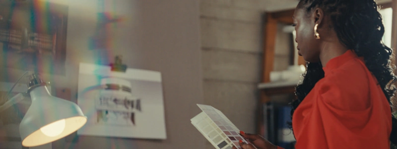 Tola holds colour swatches whilst observing designs pinned to the wall in her workspace.