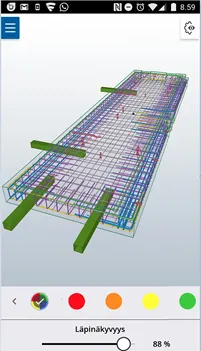 A 3D rendering of a building's rebar structure, viewed on a mobile device.