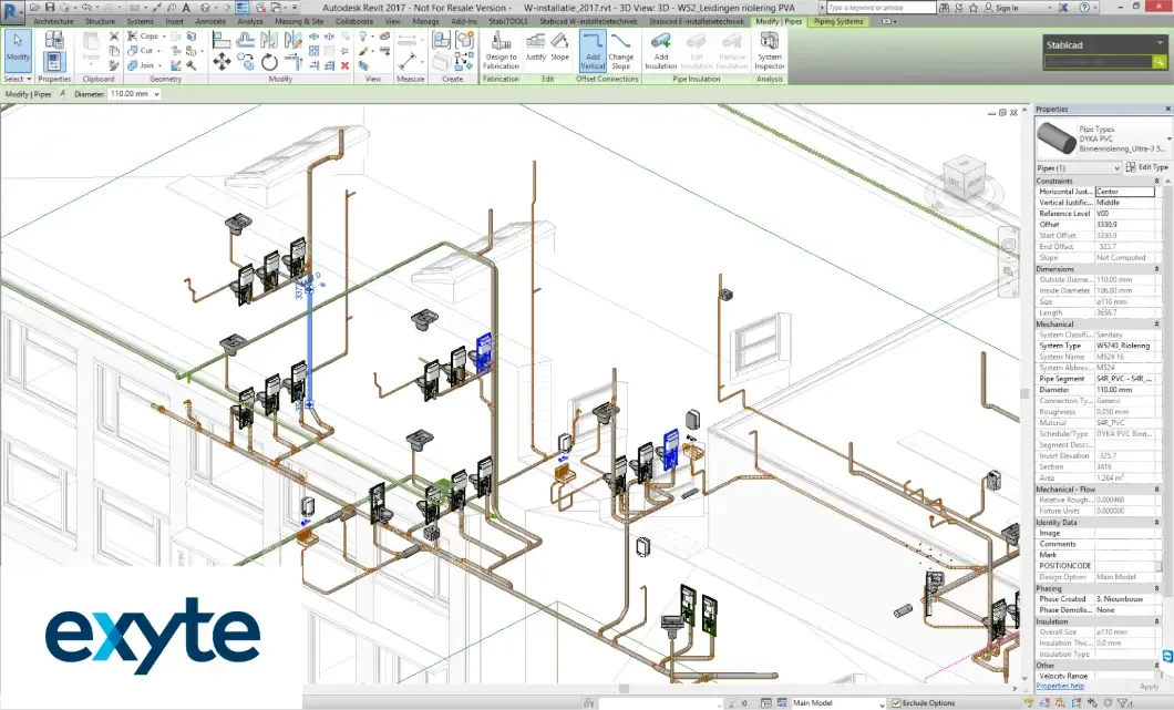 3D rendering of a piping system in Autodesk Revit, showing pipes, valves, and fixtures within a building structure.