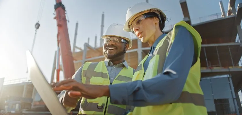 Two construction workers, a man and a woman, wearing hard hats and safety vests, look at a tablet on a construction site.