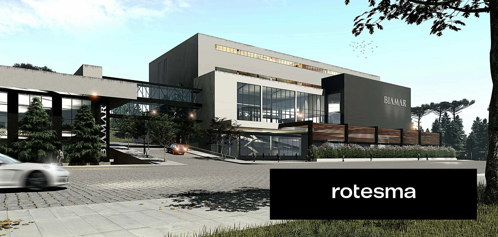 Rotesma Biamar visualization of a modern building with glass windows and a dark facade.