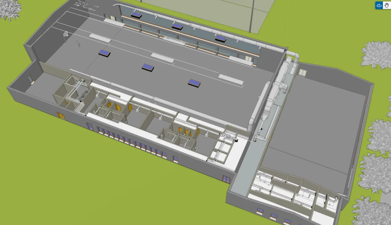 3D model of a building with internal layout visible, showing rooms, ductwork, and roof features.