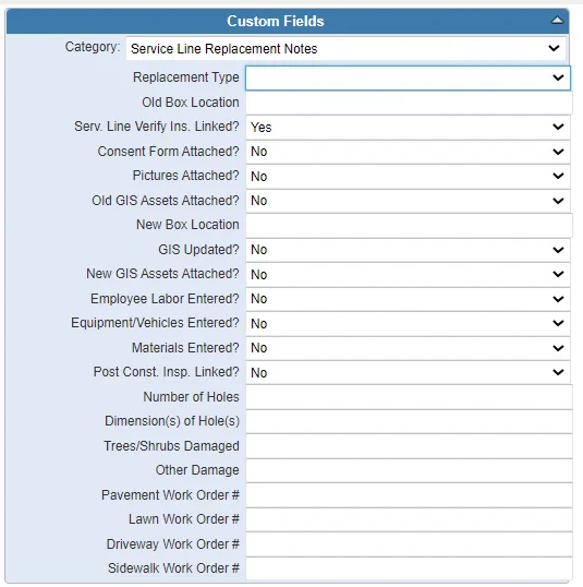 Service Line Replacement custom fields form, with many fields set to No.