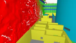 3D rendering of a labyrinth with colorful walls, with a large red, organic shape on the left.