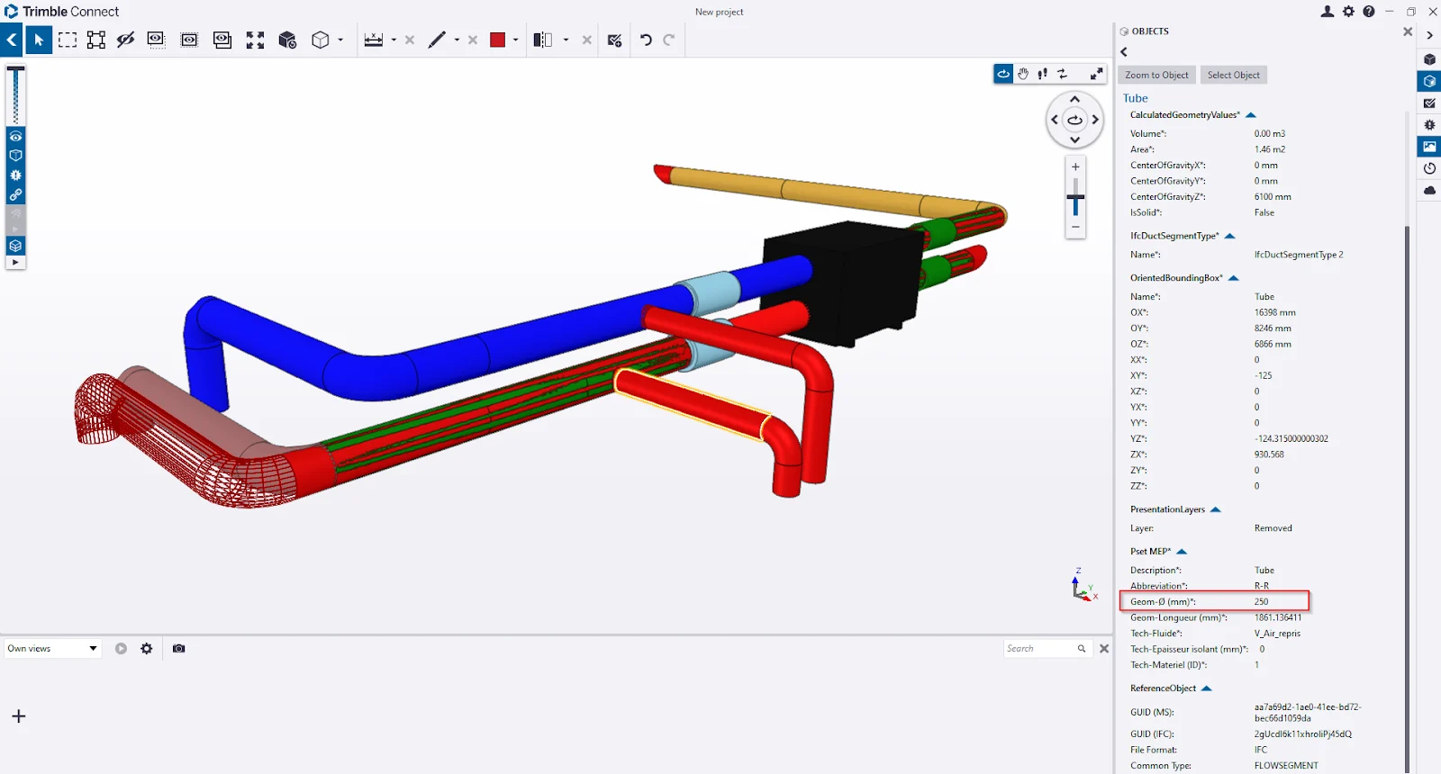 3D model of pipe network with technical data panel on the right showing dimension of pipe.