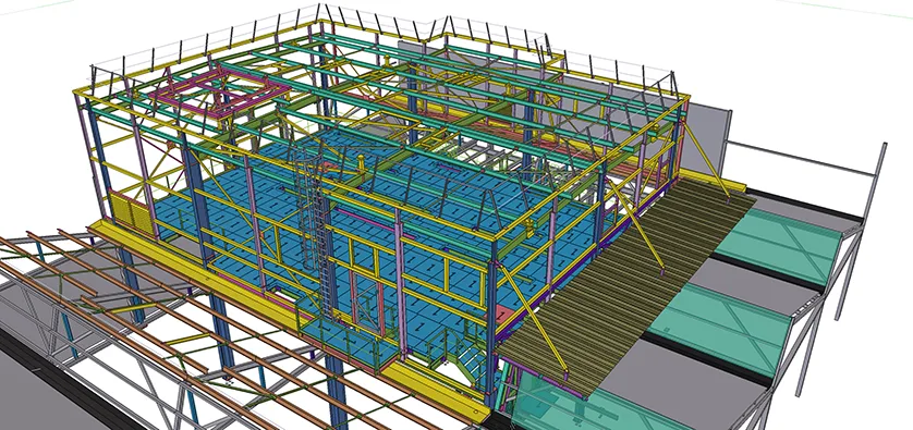 3D model of a steel-framed building under construction, showing multiple levels and platforms.