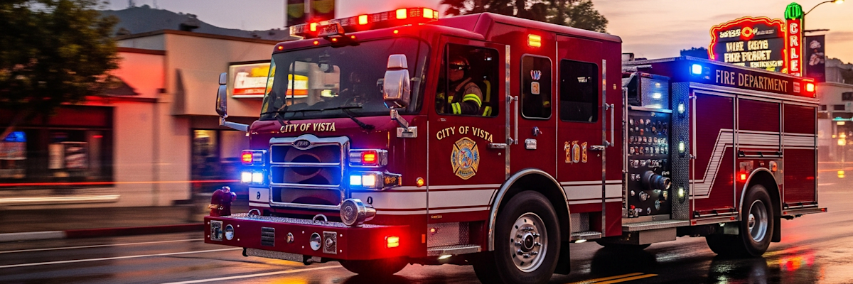 Vista, CA Fire Truck on wet street - Gemini Generated Image
