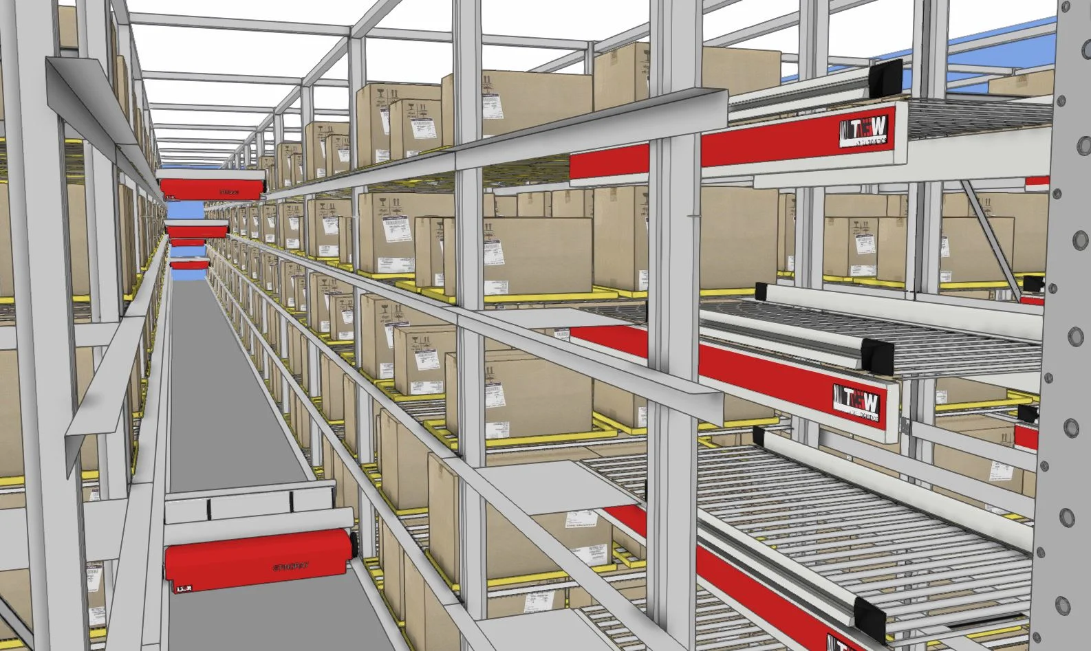 image showing SketchUp model of TGW stingray shuttle storage system