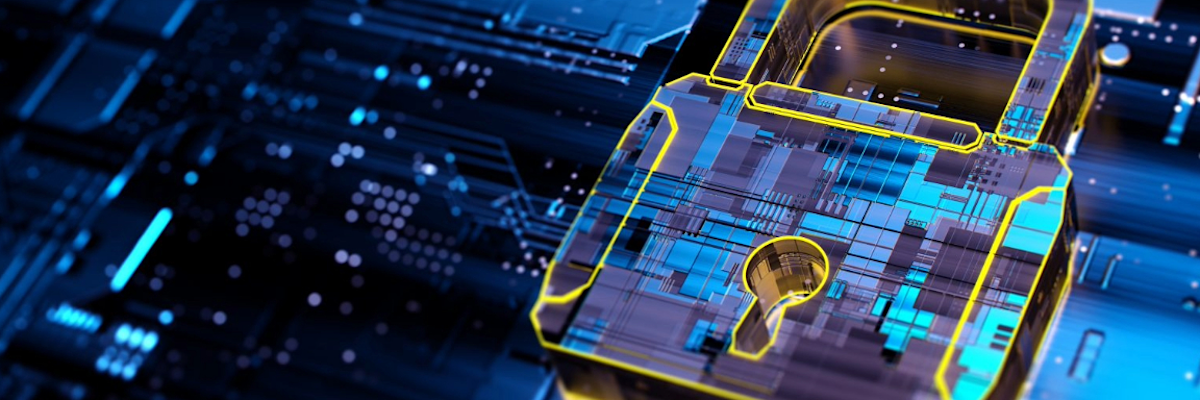 A digital illustration of a glowing padlock overlaid on a circuit board, symbolizing cybersecurity and data protection. The lock is highlighted in yellow, contrasting with the blue and black background of electronic components.