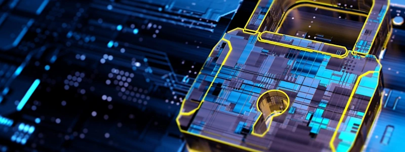 A digital illustration of a glowing padlock overlaid on a circuit board, symbolizing cybersecurity and data protection. The lock is highlighted in yellow, contrasting with the blue and black background of electronic components.