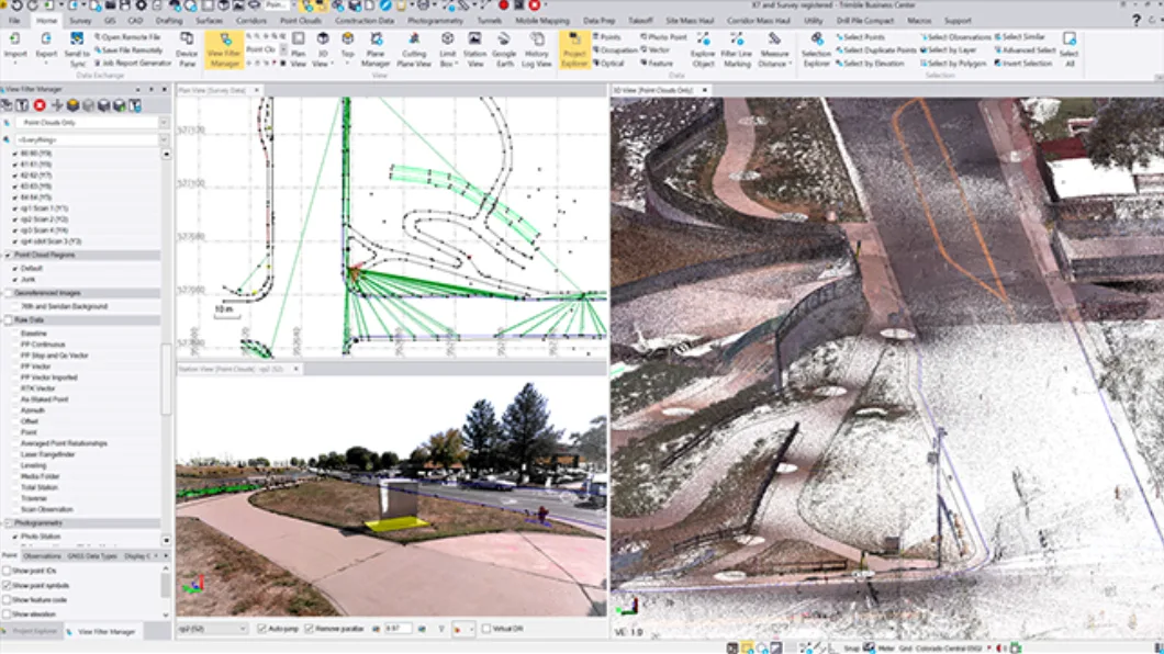 A Trimble Business Center software solution screenshot shows roadway mobile mapping images and data.