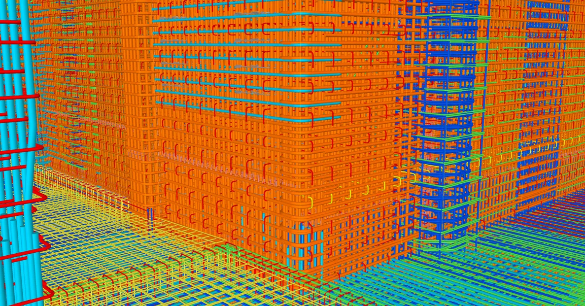 Wireframe model of steel rebar reinforcement for concrete construction.