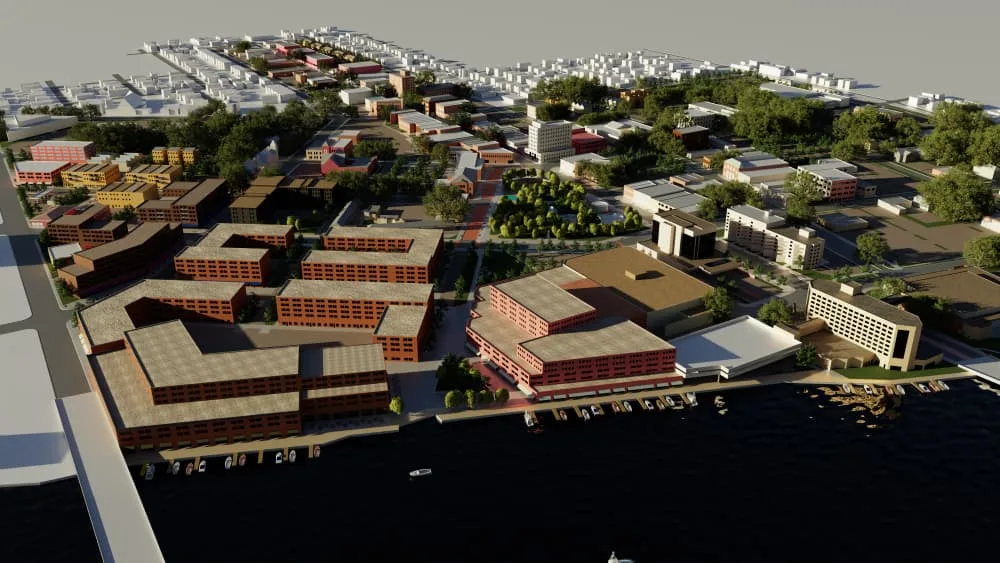 SketchUp model in Omniverse of a birds-eye-view showing the City of Oshkosh.
