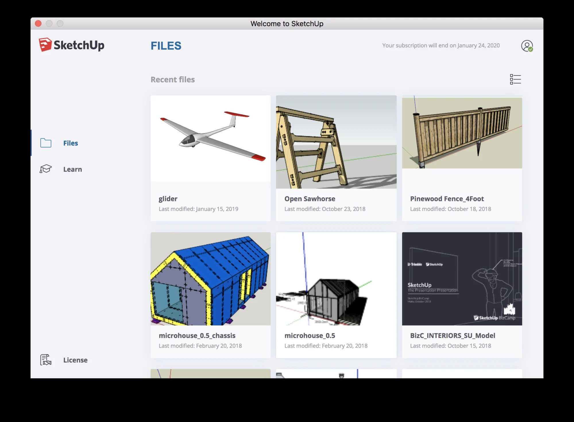 SketchUp interface showing recent projects: glider, sawhorse, fence, and house models.