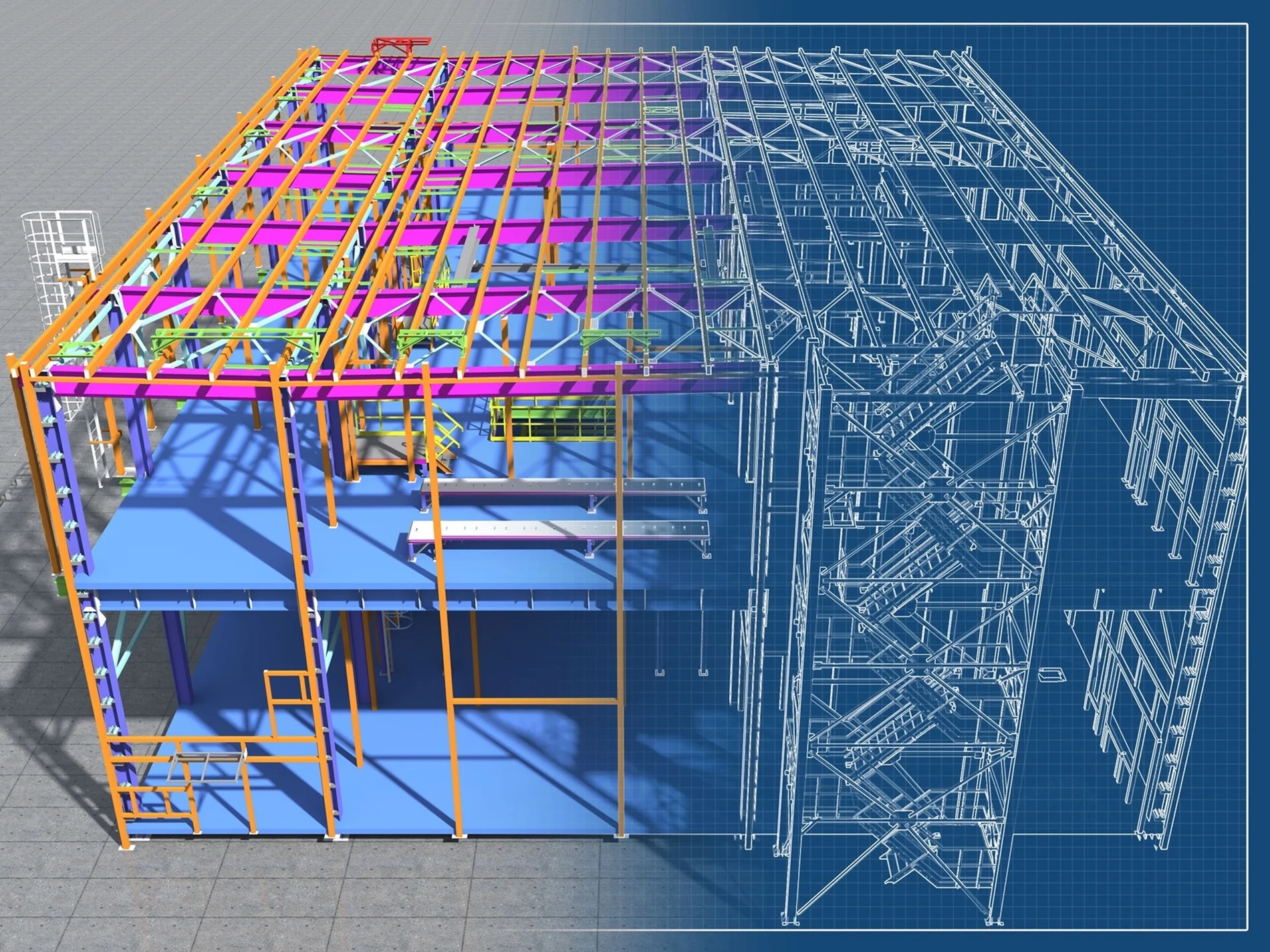 3D model of a steel structure, half-rendered and half-blueprinted.