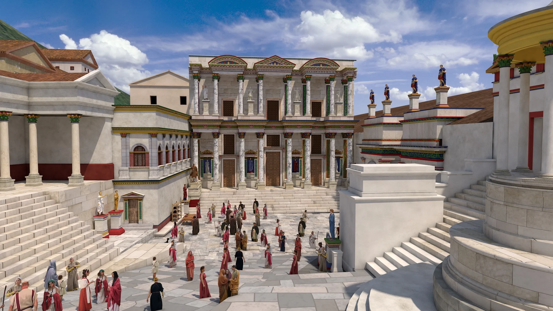 A bustling ancient Roman forum featuring grand, ornate buildings, wide steps, and many people in colorful attire.