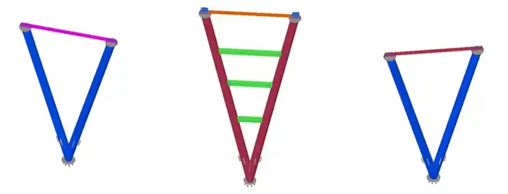Three different colored triangular structures showing different configurations.