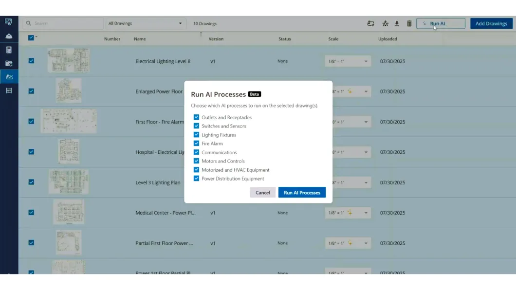 Dialog box for selecting LiveCount AI processes on electrical drawings