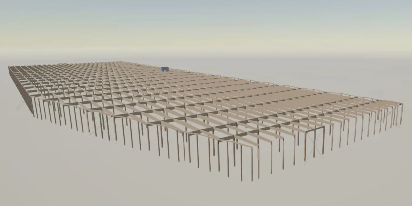 A 3D rendering of a large, flat wooden structure supported by numerous vertical posts.