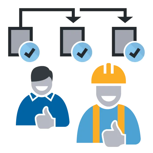 Flowchart with two individuals and completed tasks, indicating efficiency and success.
