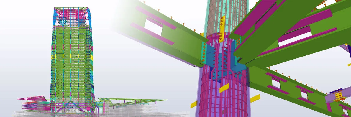 Tekla 3D rendering of a building's structural framework, showing a central tower and radiating beams.