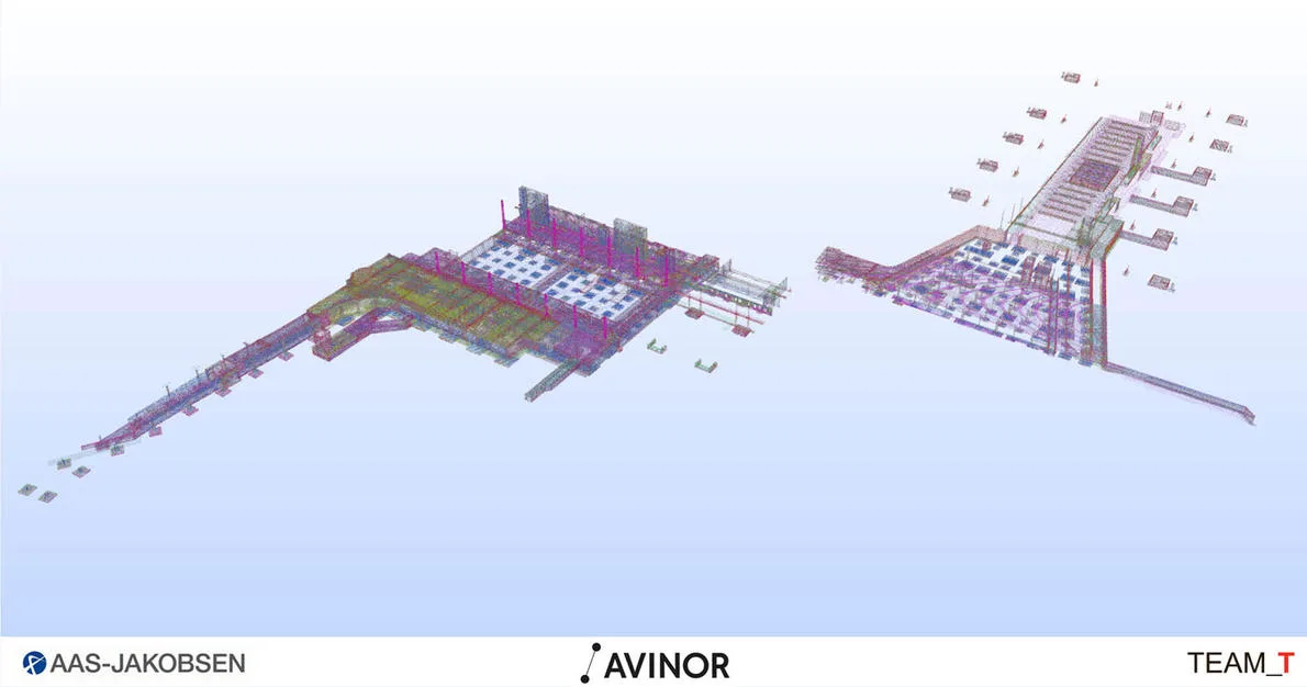 3D model of a building structure with multiple levels and visible supports, with the Avinor logo visible.