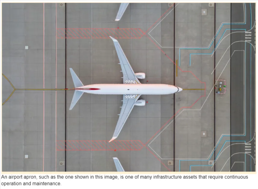 Aerial view of an airplane parked on an airport apron with markings and runway lines.