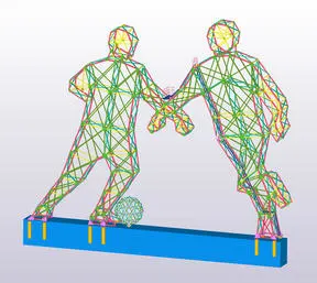 3D wireframe model of a sculpture depicting two soccer players and a ball, mounted on a blue base.