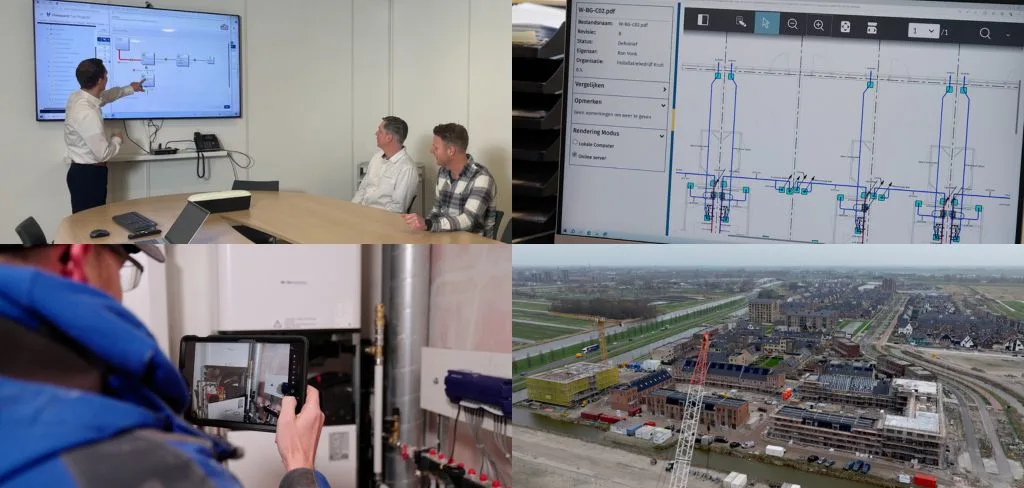 Collage of images showcasing a business presentation, technical drawings on a computer screen, an engineer, and an aerial view of a construction site.