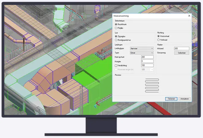 3D model of a building's HVAC system on a computer screen, with a dialog box displaying options for Vloerverwarming (Floor Heating) in Dutch.