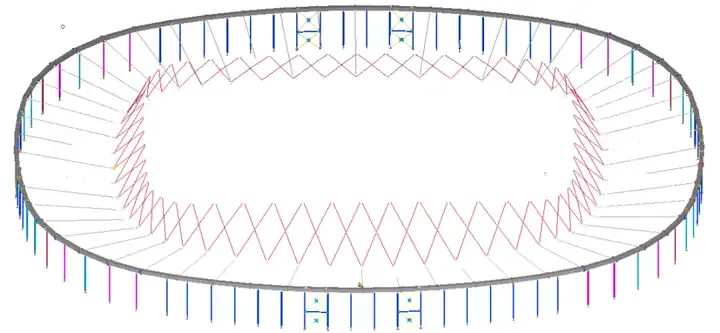 Tekla 3D rendering of an oval stadium structure with a skeletal framework.