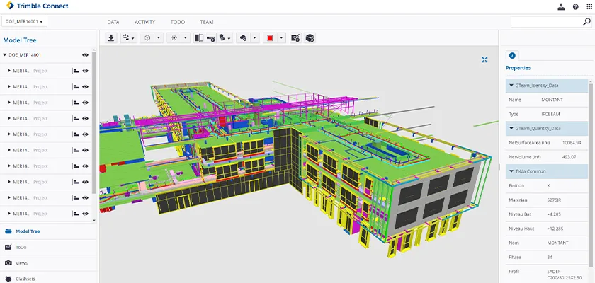Screenshot of Trimble Connect showing 3D model and documentation associated with it