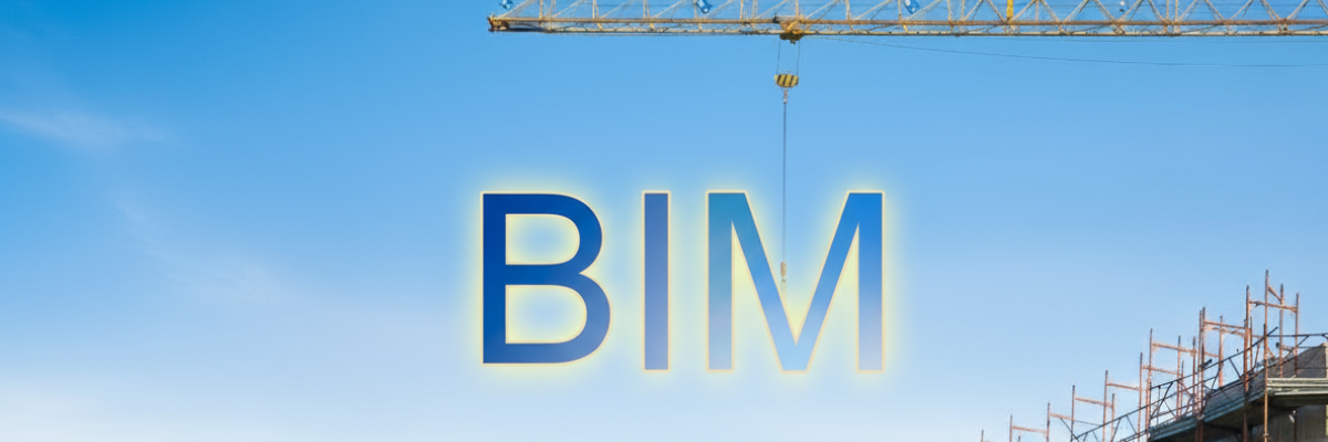 BIM text with a construction crane and building scaffolding in the background