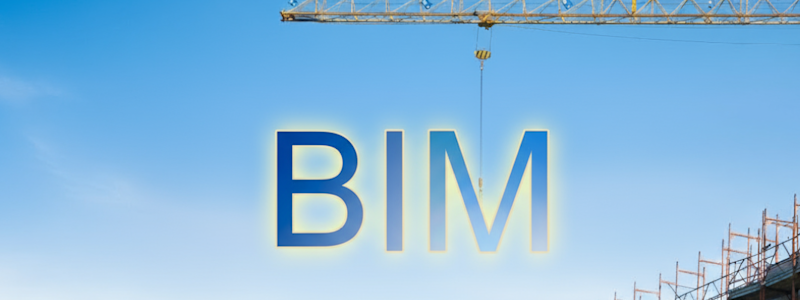 BIM text with a construction crane and building scaffolding in the background