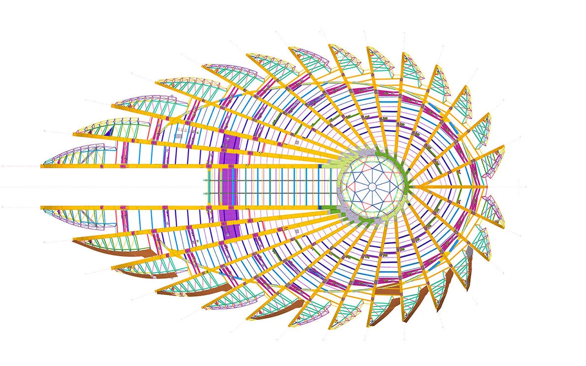 Blueprint of a building's roof structure, resembling a flower with radial beams and a central dome.