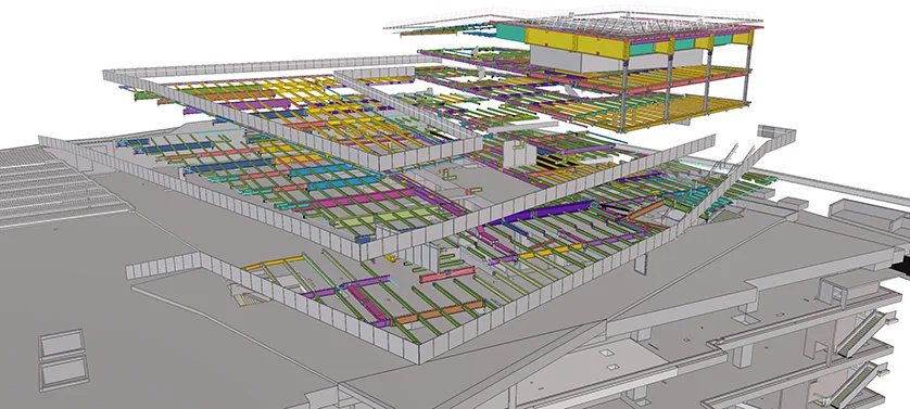 3D model of a building's internal structure showing different floors and levels with colorful beams and supports.