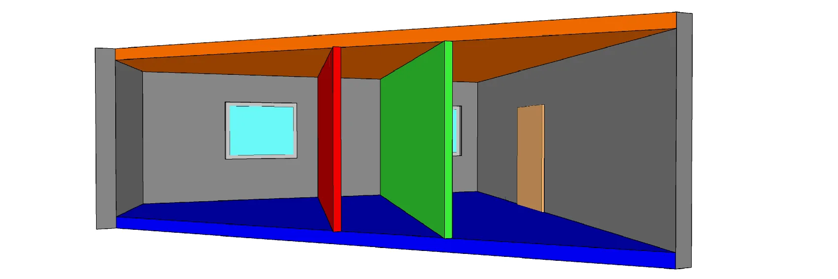3D rendering of an interior room with gray walls, orange ceiling, and blue floor, featuring a red partition, a green partition, a window, and a door.