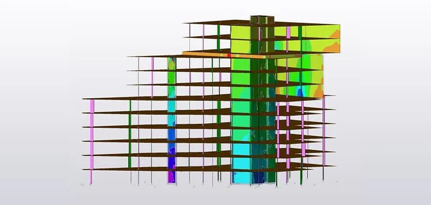 Model showing 2D element results in Tekla Structural Designer for slabs and walls which are modelled with 2D (Finite) element