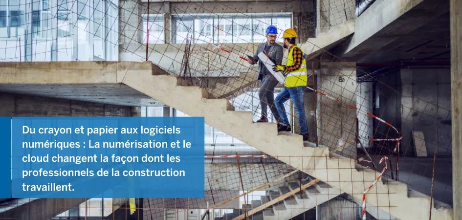 Two construction professionals, look at blueprints while ascending a concrete staircase on a construction site.