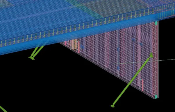 3D wireframe rendering of a bridge segment, showing structural elements and reinforcement bars.