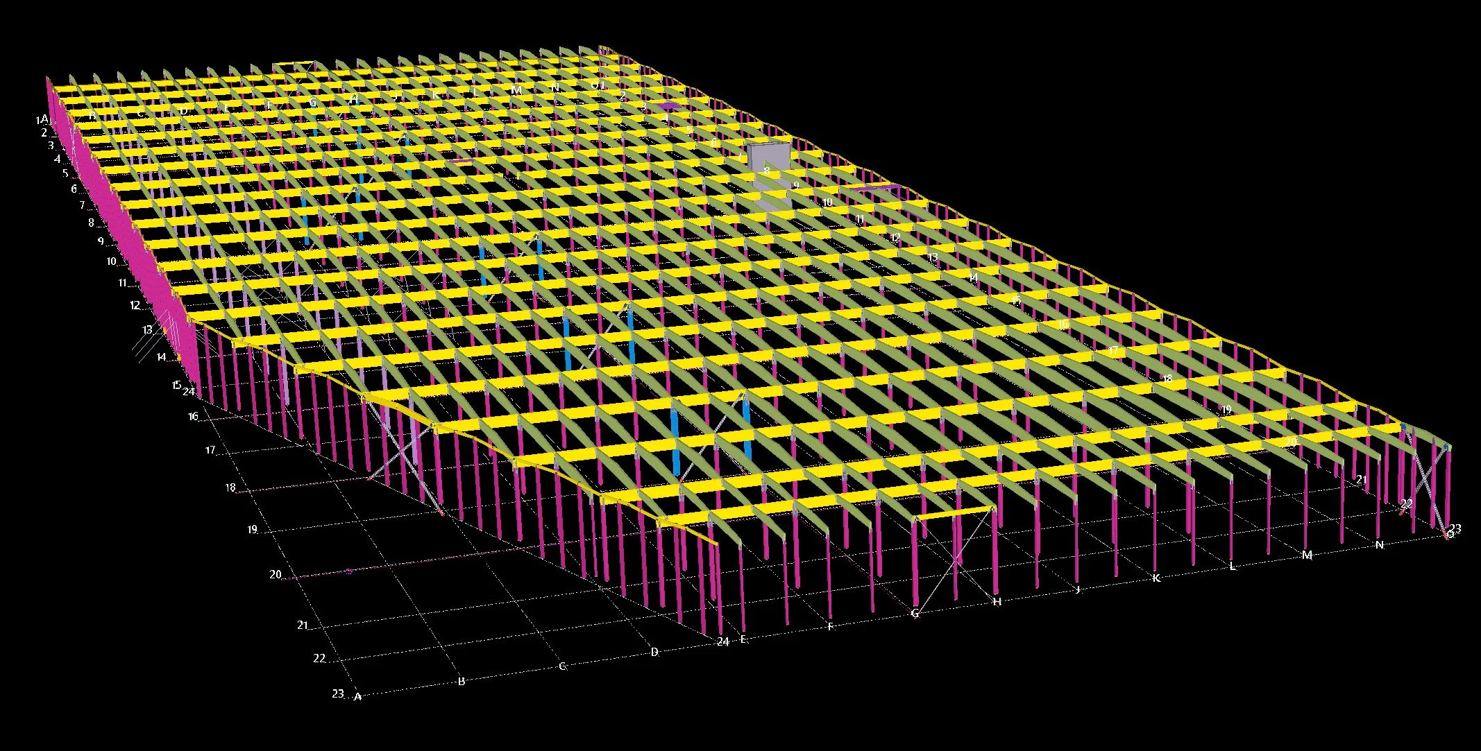 3D model of a large structure's framework, showcasing a complex grid of beams and supports.