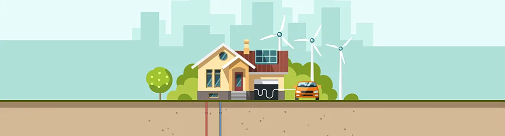 Illustration of a sustainable home featuring solar panels, wind turbines, a geothermal heating system, and an electric car charging station in a city.