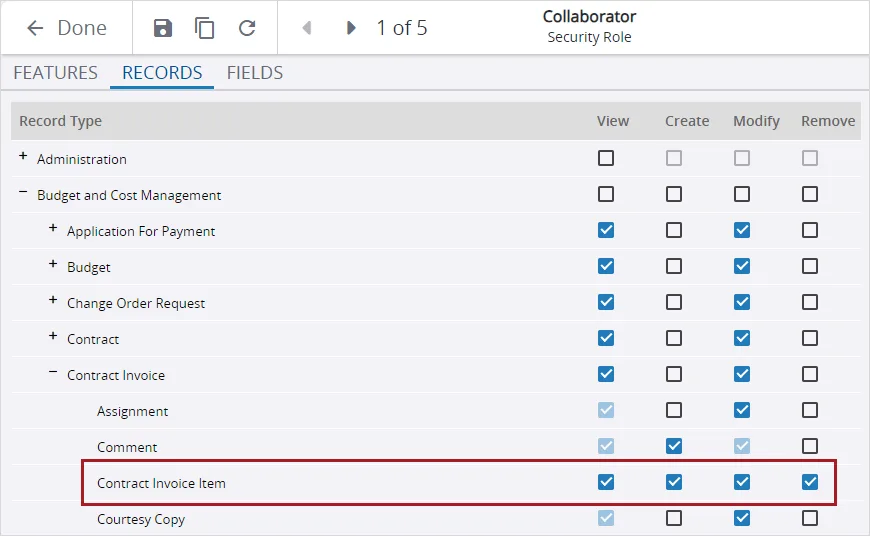 Contract Invoice Item permissions are set to View, Create, Modify, and Remove.
